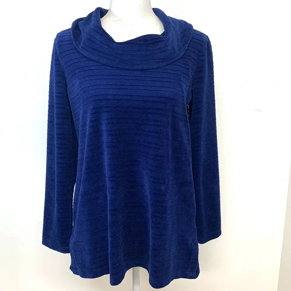 T by Talbots Top Tunic Woman MP  Blue Cowl Neck Long Sleeve Stretch Texture Work
